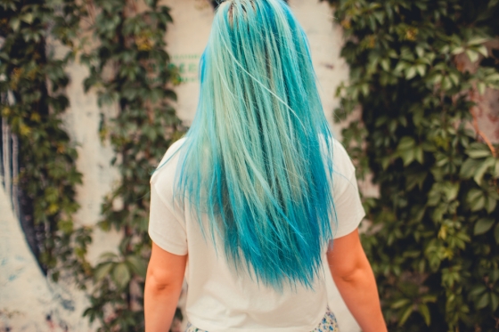 Woman with blue hair. 